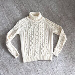 70's Kings Road - Cable Knit Turtleneck Sweater - Size Medium - Off White